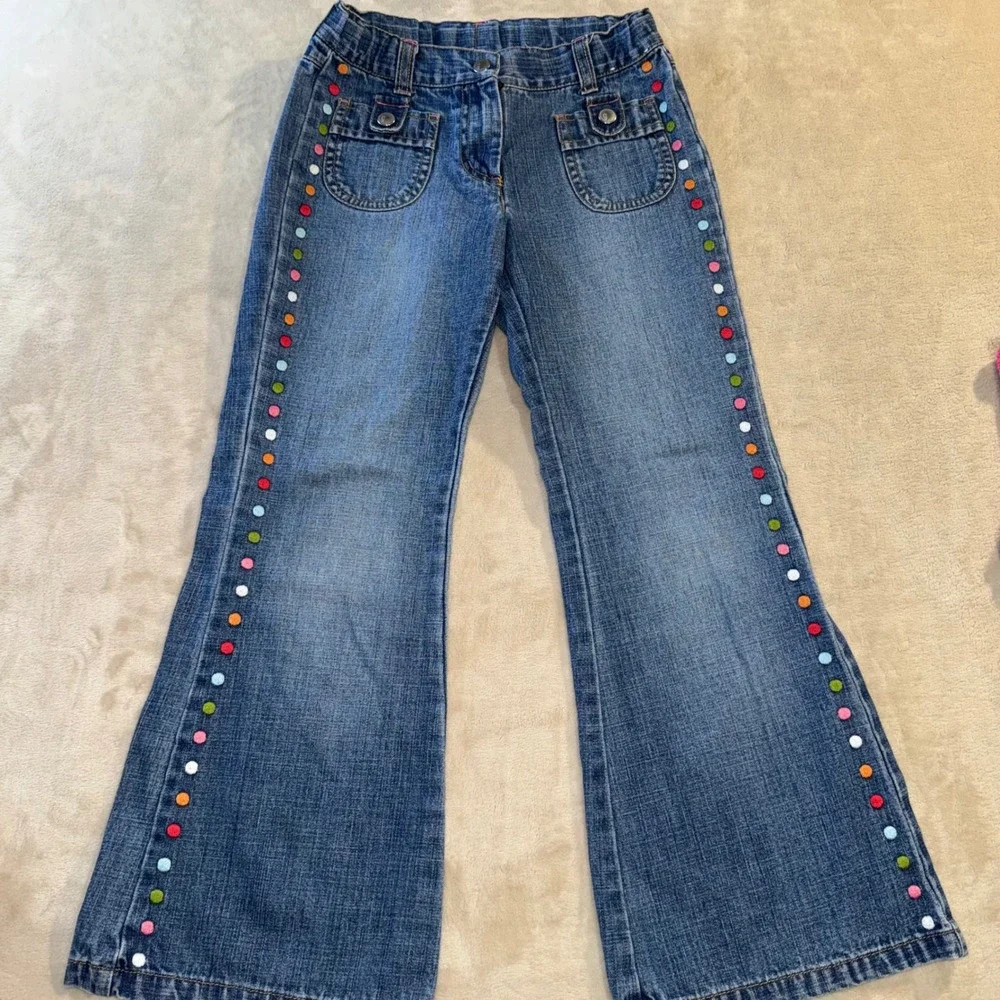 Gymboree Kids Girls Y2K 2007 Polka Dot Sweater Vest Flare Jeans Set Size 7 Brown